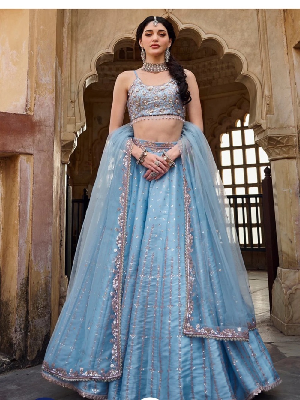 Sky Blue Embroidered Organza Lehenga Set NWT